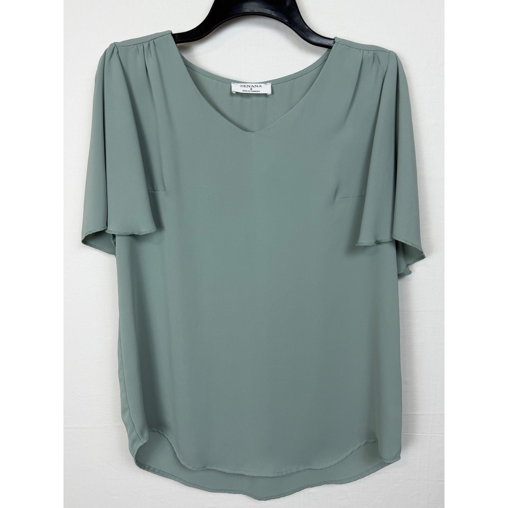 Zenana Blouse S Sage Green Flutter Sleeve V-Neck Pleated Back Career Chic